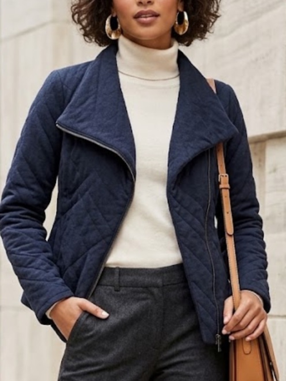 Eileen Fisher Navy Blue Quilted Asymmetrical Moto Jacket 100% organic cotton XS